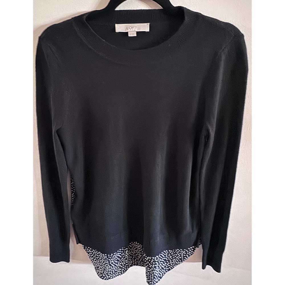 LOFT French Girl Classic Soft Black Polka Dot Mixed Media Back Sweater XS